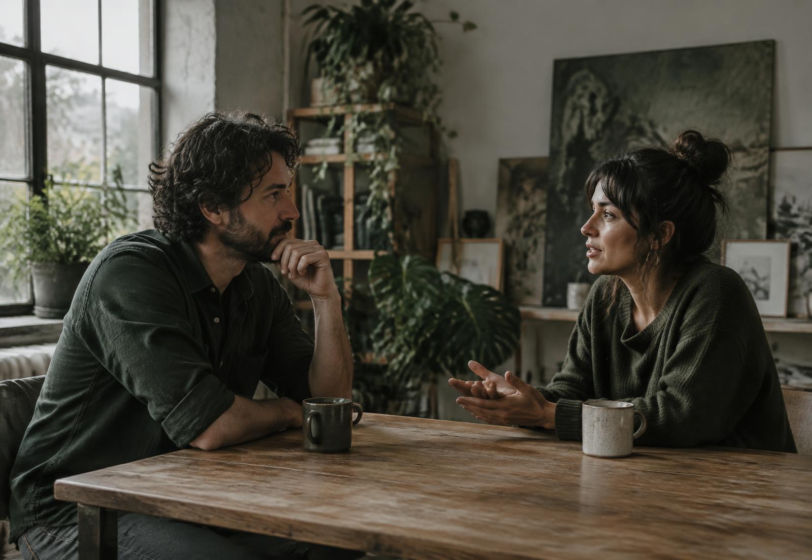 Two people in a thoughtful conversation across a wooden table