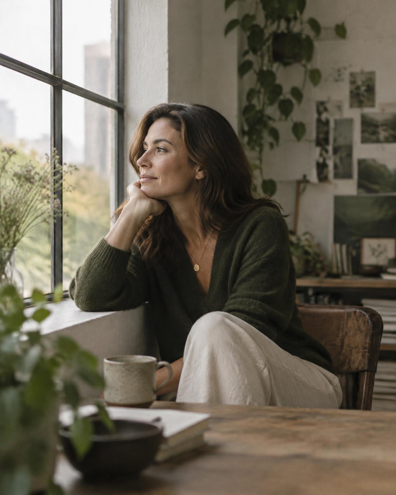 A woman sitting by a studio window, lost in thought