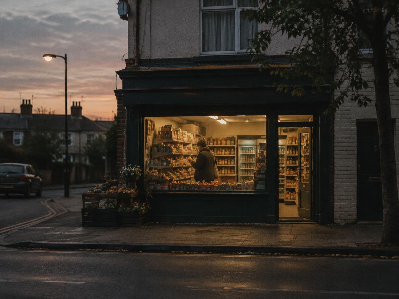 A corner shop lit up at dusk